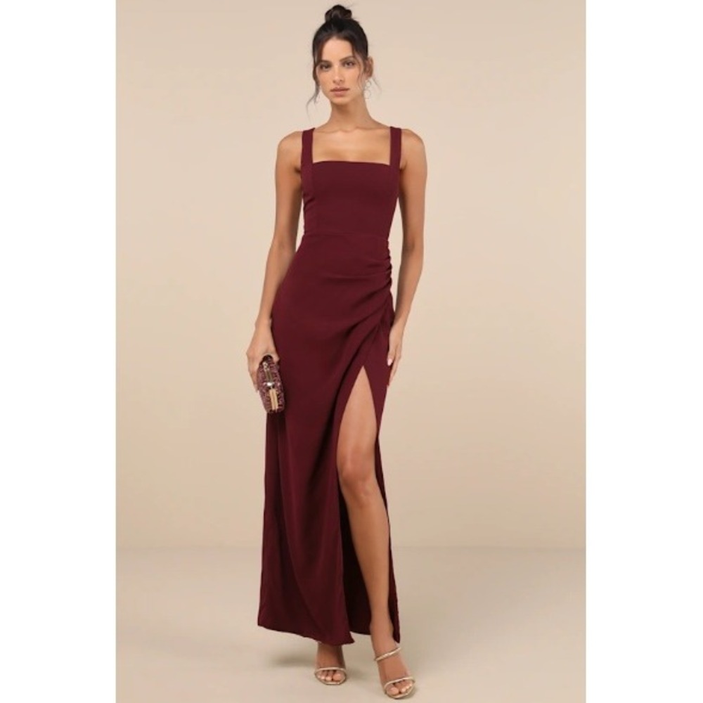 NEW Lulus Maxi Dress Small Burgundy Ruched Formal Gown Wine Red Wedding Guest